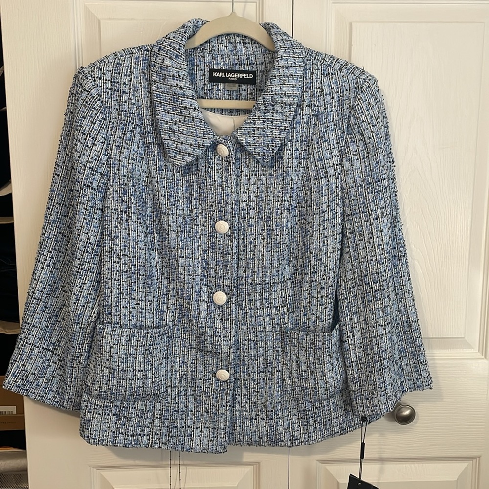 Karl Lagerfeld Navy and White Tweed Blazer Size 16 New with Tags